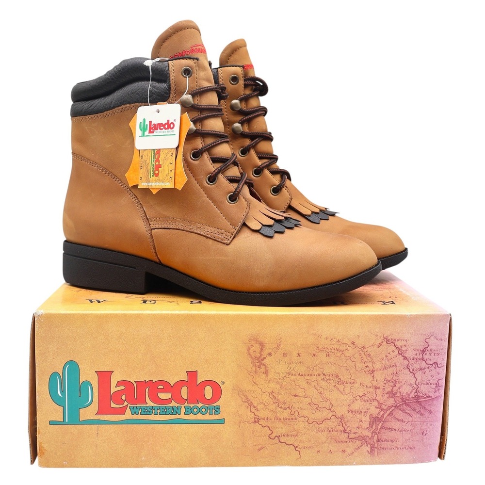 Laredo 551 Lace Up Western Boots Womens 8.5 Brown Leather Kiltie Deadstock